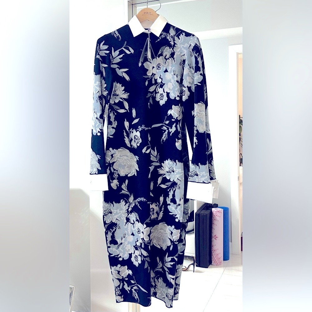 NWT RALPH LAUREN COLLECTION SPRING 2024 NAVY SILK FLORAL JAQUARD DRESS MEDIUM